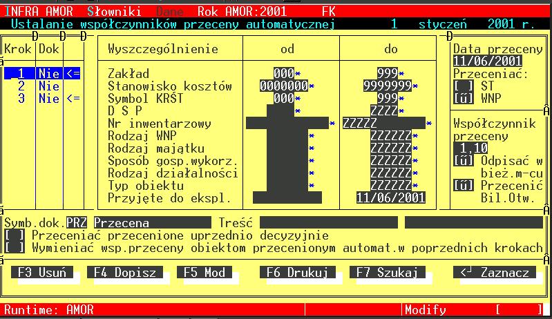 254 Instrukcja użytkownika systemu INFRA-AMOR 13.3. Przecena właściwa generowanie dokumentów. Ścieżka dostępu do funkcji: [P]rzecena [P]rzecena właściwa gener.dok. Funkcja dokonuje przeceny właściwej, na podstawie uprzednio zdefiniowanych i zaznaczonych do przeceny kroków.