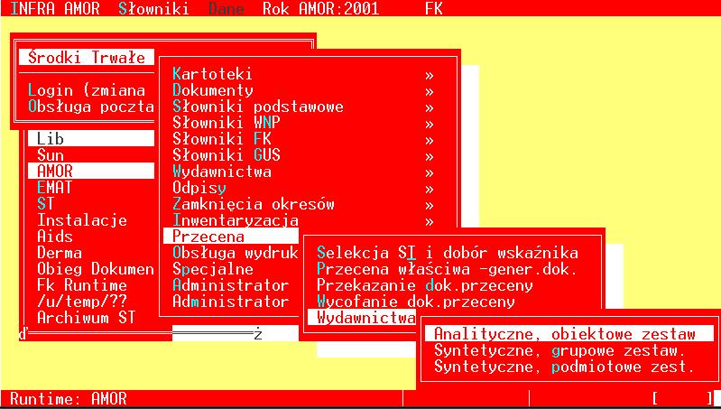 258 Instrukcja użytkownika systemu INFRA-AMOR 13.6. Wydawnictwa wynikowe dot. przeceny. 13.6.1. Wstęp. Ścieżka dostępu do funkcji: [P]rzecena [W]ydawnictwa [A]nalityczne, obiektowe zestaw.