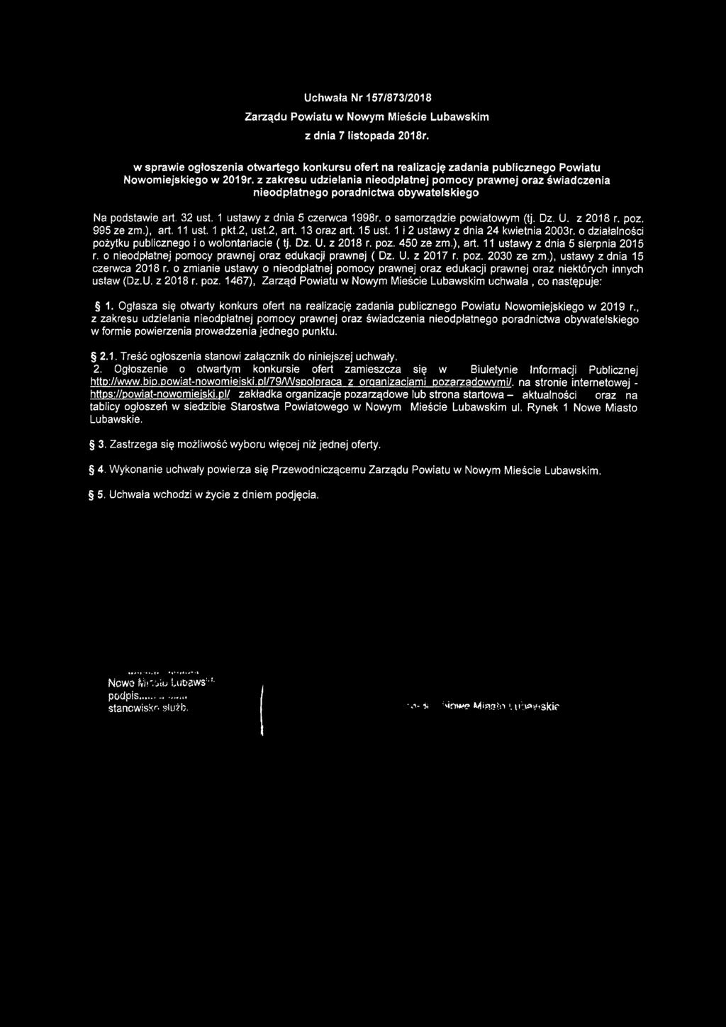 Uchwała Nr 157/873/2018 Zarządu Powiatu w Nowym Mieście Lubaw skim z dnia 7 listopada 2018r.