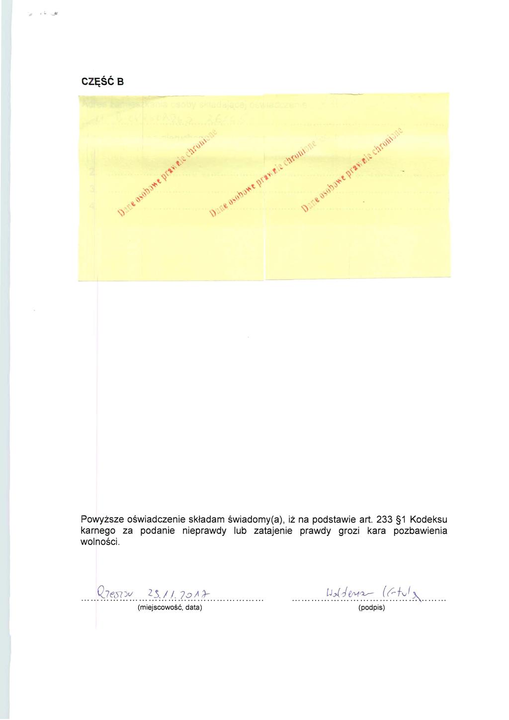 ~ cz~st B Powyzsze oswiadczenie sk~adam swiadomy(a) iz na podstawie art 233 1 Kodeksu karnego za podanie nieprawdy lub