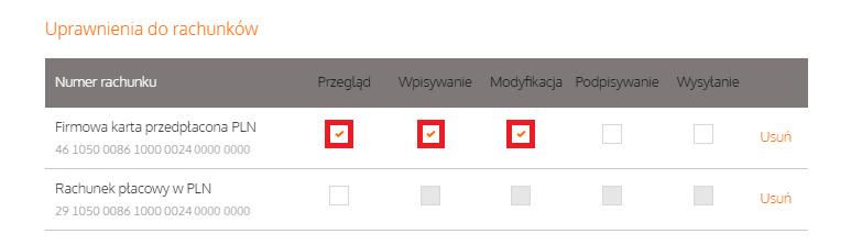 B. Dodanie użytkownikom uprawnień do rachunku bez zmiany pozostałych uprawnień Jeśli chcesz nadać użytkownikom uprawnienia do rachunku bez zmiany uprawnień szczegółowych, zaznacz opcję Dodanie