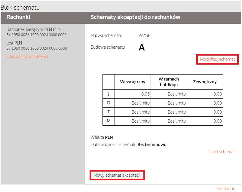 C. Modyfikacja istniejącego/utworzenie nowego schematu akceptacji Aby zmodyfikować istniejący schemat akceptacji, kliknij przycisk Modyfikuj schemat.