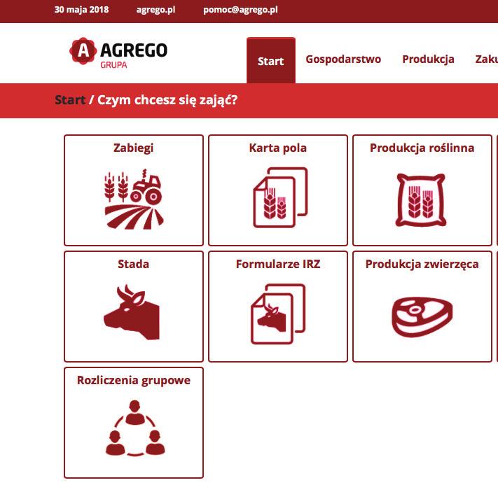 AGREGO Grupa: AGREGO Rolnik: obsługa wszystkich typów produkcji rolnej uprawy roślin i hodowli zwierząt; łatwe zarządzanie stadem automatyczna księga stada, formularze IRZ oraz bioasekuracja; wygodne