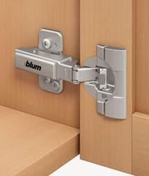 CLIP top BLUMOTION Rozwiązanie kątowe ± 5 Produkt Opis Rozwiązanie zawias metalowy, niklowany rozwiązanie kątowe ±5 zintegrowany BLUMOTION z funkcją deaktywacji BLUMOTION kąt otwarcia 95 z wygodną