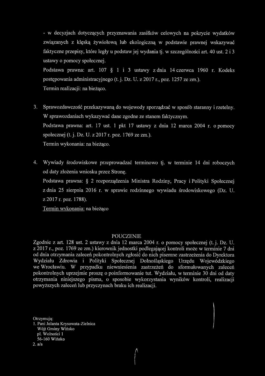 z 2017 r., poz. 1257 ze zm.). Termin realizacji: na bieżąco. 3. Sprawozdawczość przekazywaną do wojewody sporządzać w sposób staranny i rzetelny.