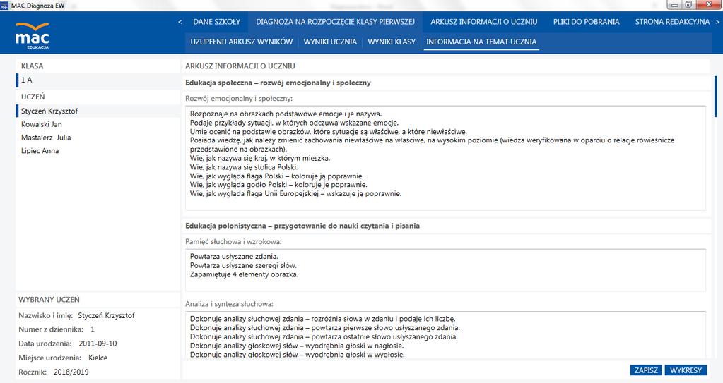 Po wygenerowaniu INFORMACJI NA TEMAT UCZNIA, zapisz dokument do pliku.docx, wybierając przycisk ZAPISZ.