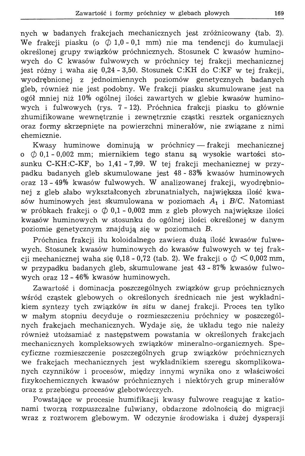 Zawartość i formy próchnicy w glebach płowych 169 nych w badanych frakcjach mechanicznych jest zróżnicowany (tab. 2).