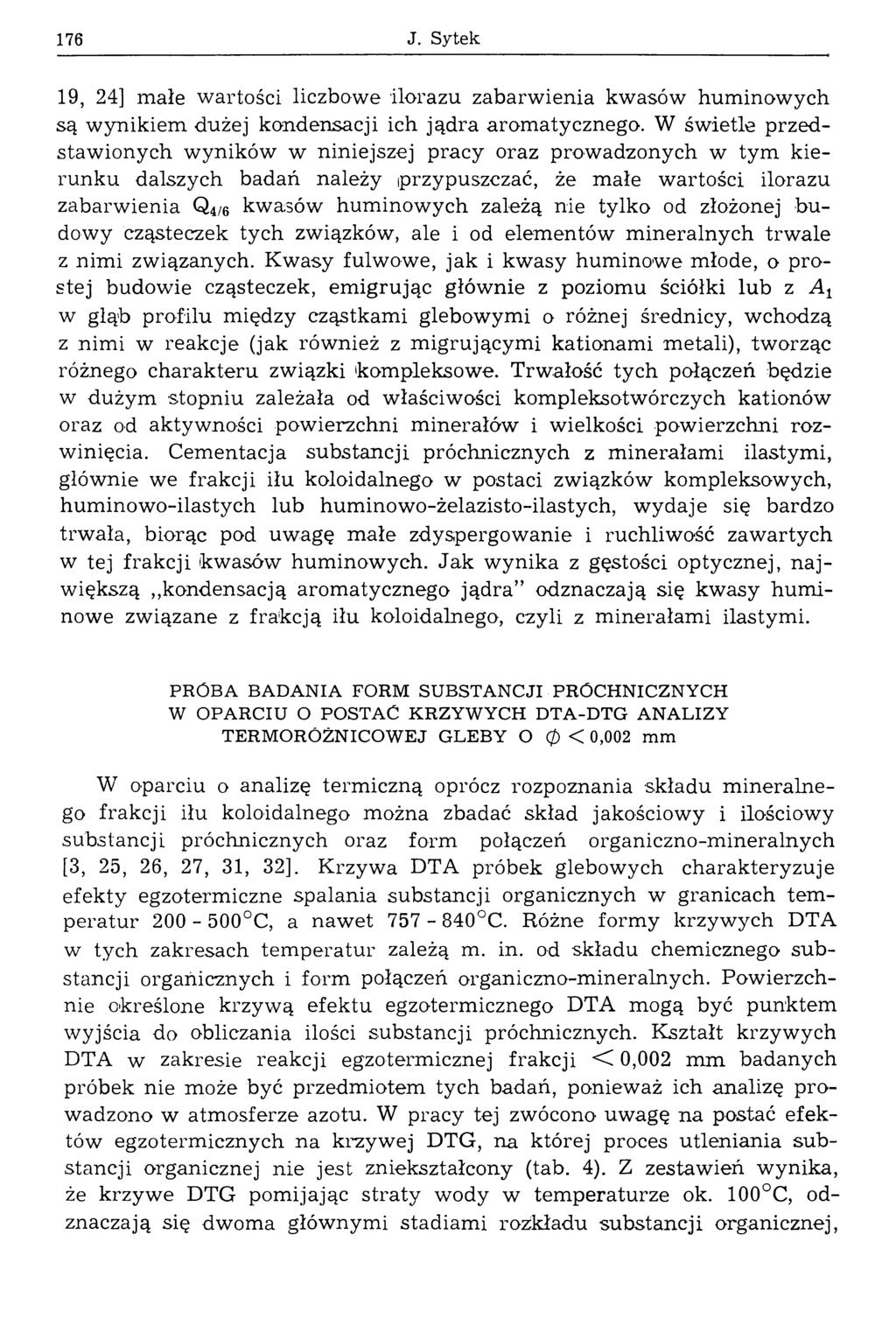 176 J. Sytek 19, 24] małe wartości liczbowe ilorazu zabarwienia kwasów huminowych są wynikiem dużej kondensacji ich jądra arom atycznego.
