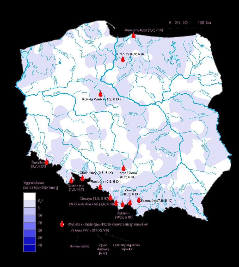 dobowe sumy opadów (w okresie