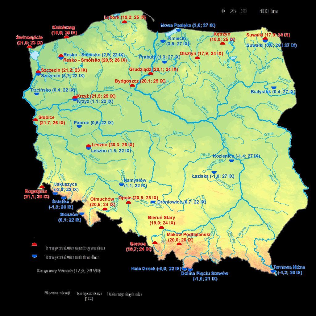 2. Temperatury ekstremalne w regionach Polski