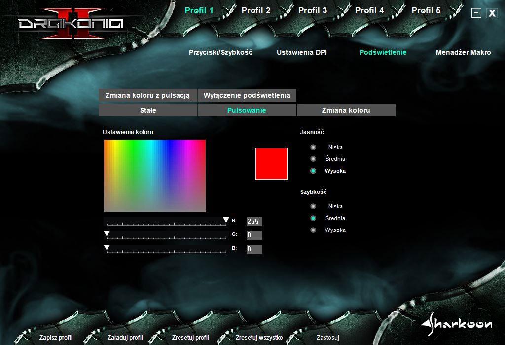 8. Podświetlenie W tym menu oświetlenie Drakonii II może być równomiernie wybrane i dostosowane do logo, przycisków kciuka i kółka przewijania.