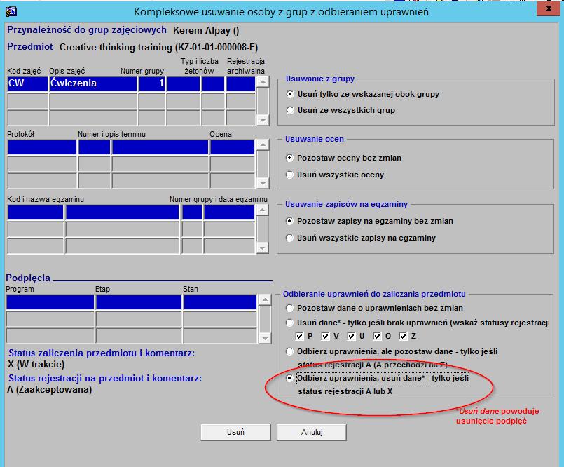 Po naciśnięciu przycisku Usuń z grupy pojawi się formatka, na której należy użyć opcji odbierania uprawnień do zaliczenia przedmiotu.
