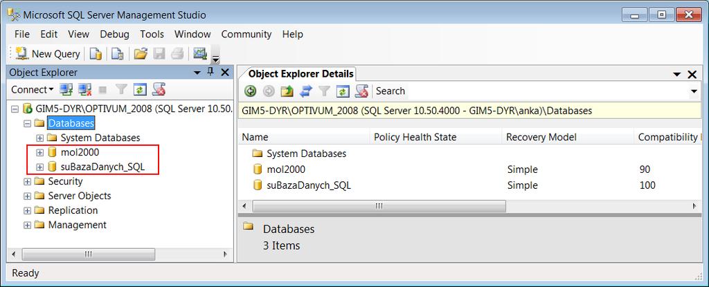 Zarządzanie bazami danych na serwerze SQL 3/7 Sprawdzenie, czy na serwerze SQL założona jest baza danych programu Optivum Jeśli program Optivum korzysta z bazy danych umieszczonej na serwerze SQL