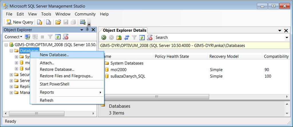 Wówczas baza danych ma strukturę dopasowaną do wybranej instancji serwera SQL, jak i do programu Optivum.