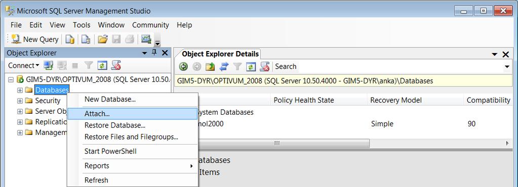 Zarządzanie bazami danych na serwerze SQL 5/7 2. W oknie Deatch Databases zaznacz bazę i kliknij przycisk OK. Baza zniknie z gałęzi Databases.
