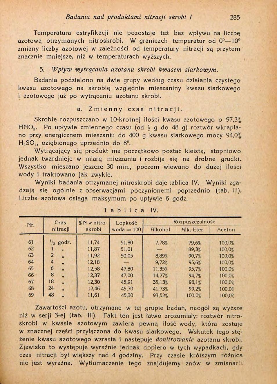 Badania nad produktami nitracji skrobi I 285 Temperatura estryfikacji nie pozostaje też bez wpływu na liczbę azotową otrzymanych nitroskrobi.