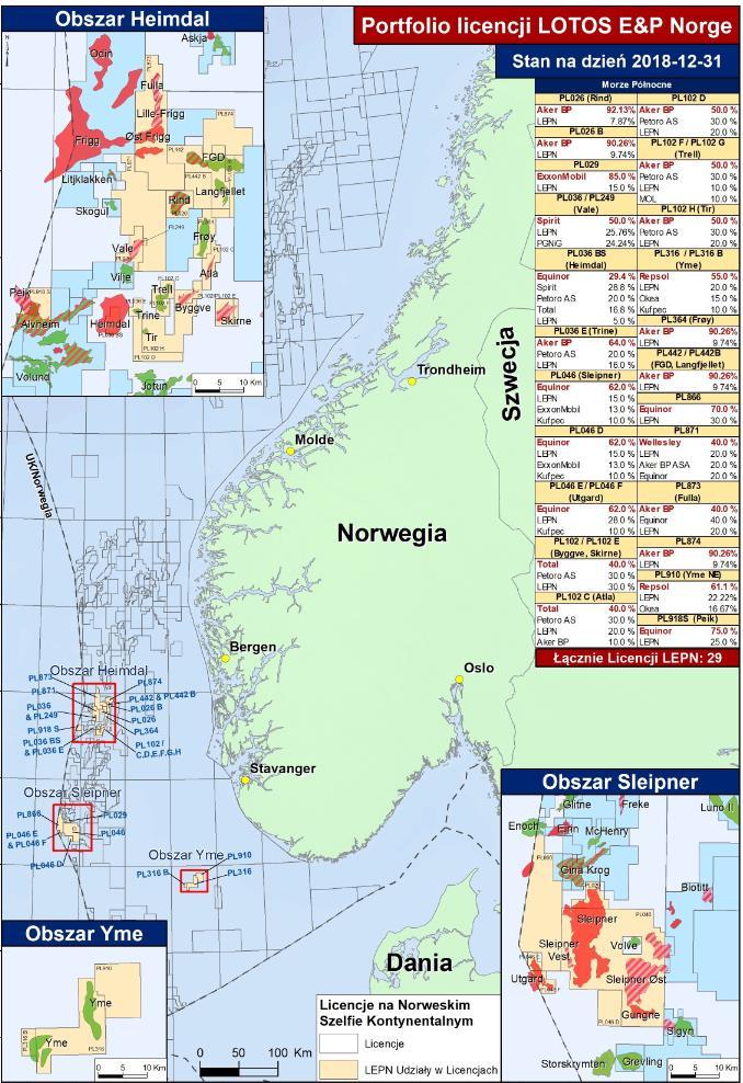 Działalność poszukiwawczo-wydobywcza w Norwegii Koncesje spółki LOTOS Exploration & Production Norge AS na dzień 31 grudnia 2018 roku Źródło: opracowanie własne W 4 kw.