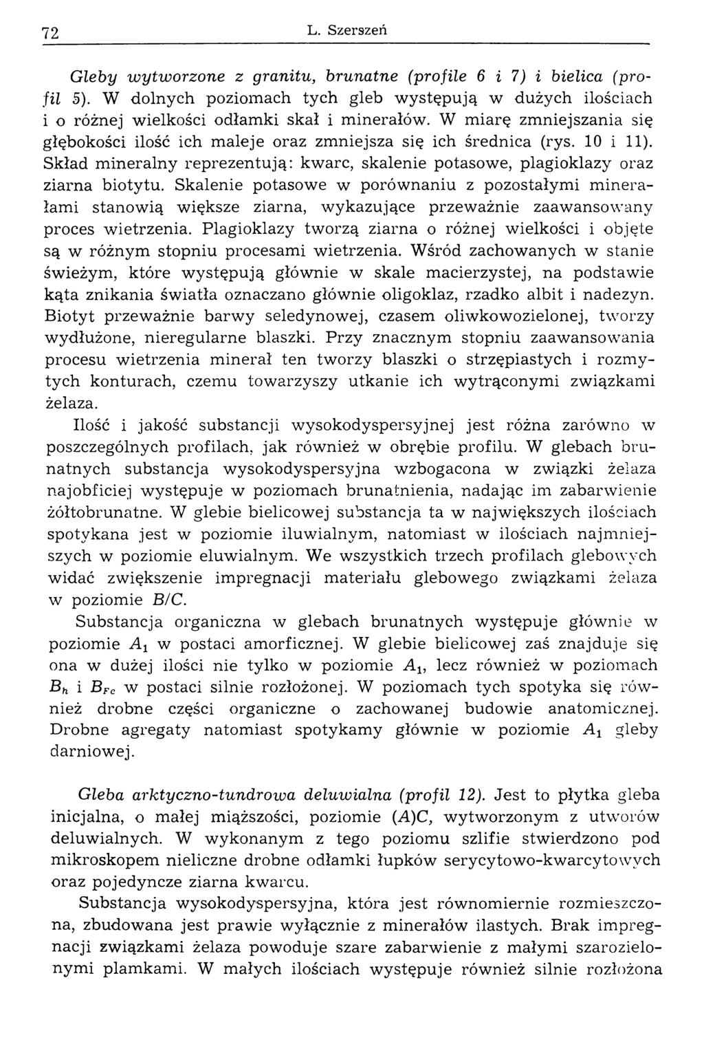 72 L. Szerszeń Gleby wytworzone z granitu, brunatne (profile 6 i 7) i bielica (profil 5). W dolnych poziomach tych gleb w ystępują w dużych ilościach i o różnej wielkości odłamki skał i minerałów.