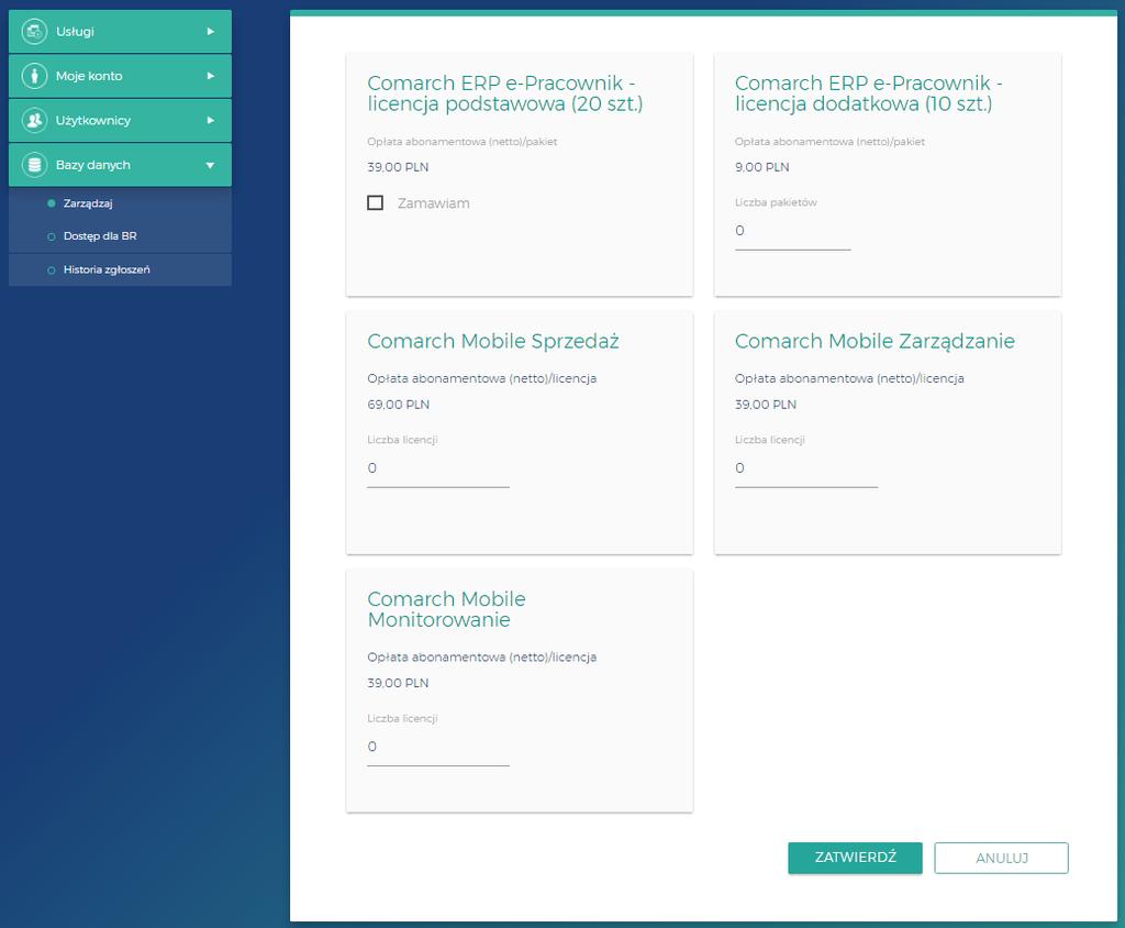 2.3 Zamówienie/usunięcie Comarch ERP e-pracownik oraz Comarch Mobile (Sprzedaż, Zarządzanie, Monitorowanie) Przechodzimy do podstrony Bazy danych/zarządzaj, a następnie klikamy strzałkę w kolumnie