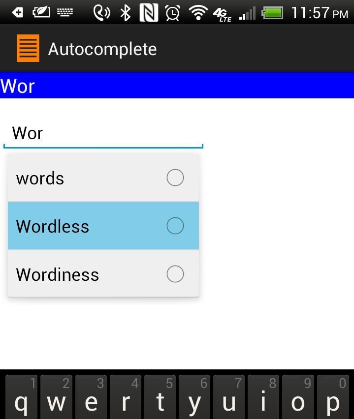 A list of selected words beginning with wor or set is being