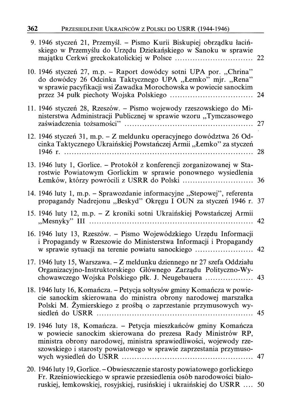 362 PRZESIEDLENIE UKRAIŃCÓW Z POLSKI DO USRR (1944-1946) 9. 1946 styczeń 21, Przemyśl. - Pismo Kurii Biskupiej obrządku łacińskiego w Przemyślu do Urzędu Dziekań.