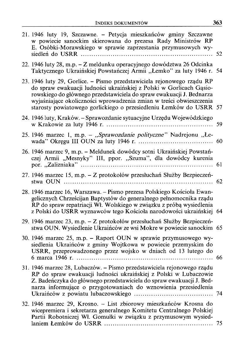 INDEKS DOKUMENTÓW 363 21. 1946 luty 19, Szczawne. - Petycja mieszkańców gminy Szczawne w powiecie sanockim skierowana do prezesa Rady Ministrów RP E.