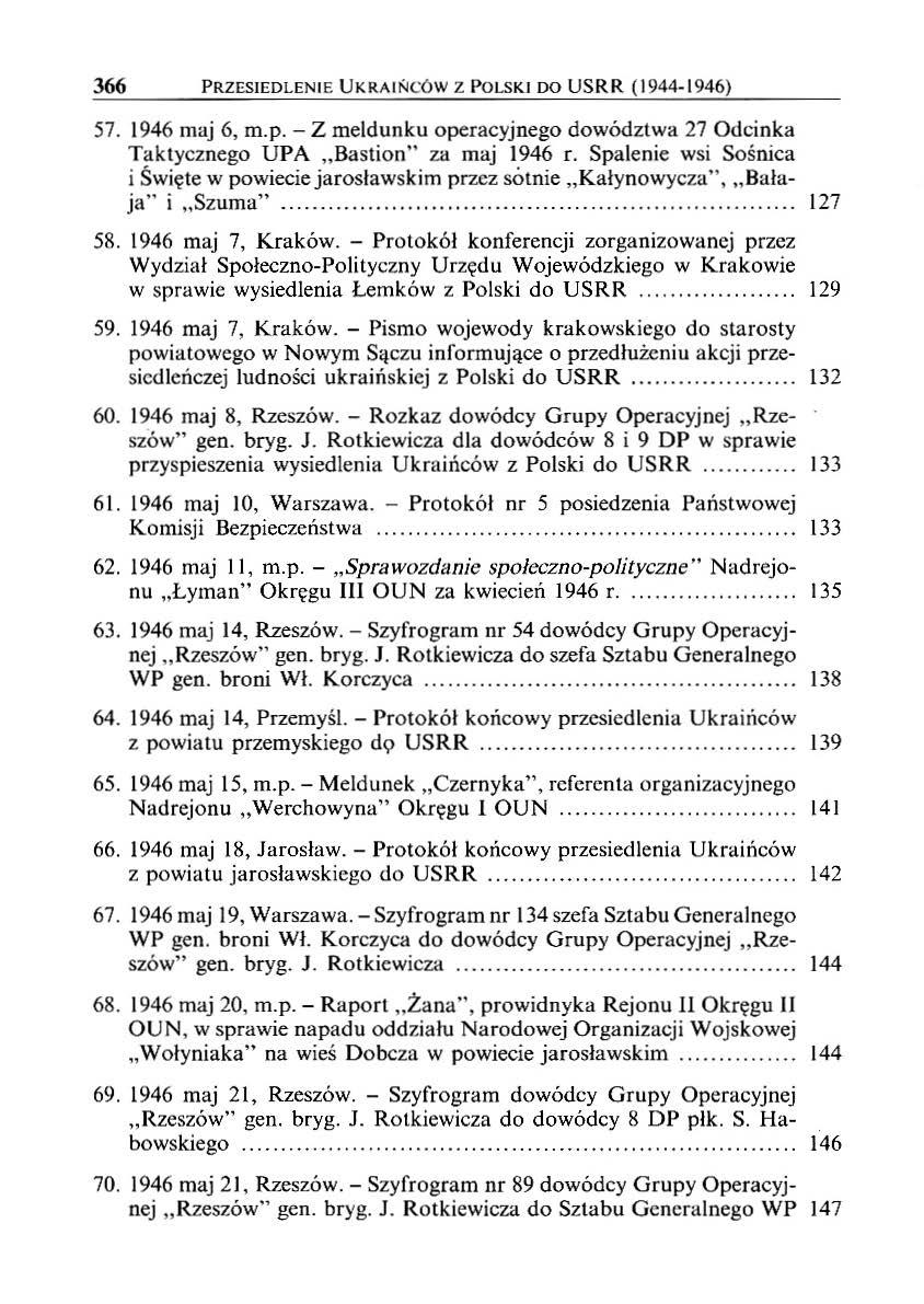 366 PRZESIEDLENIE UKRAIŃCÓW Z POLSKI DO USRR (1944-1946) 57. 1946 maj 6, m.p. - Z meldunku operacyjnego dowództwa 27 Odcinka Taktycznego UPA " Bastion" za maj 1946 r.