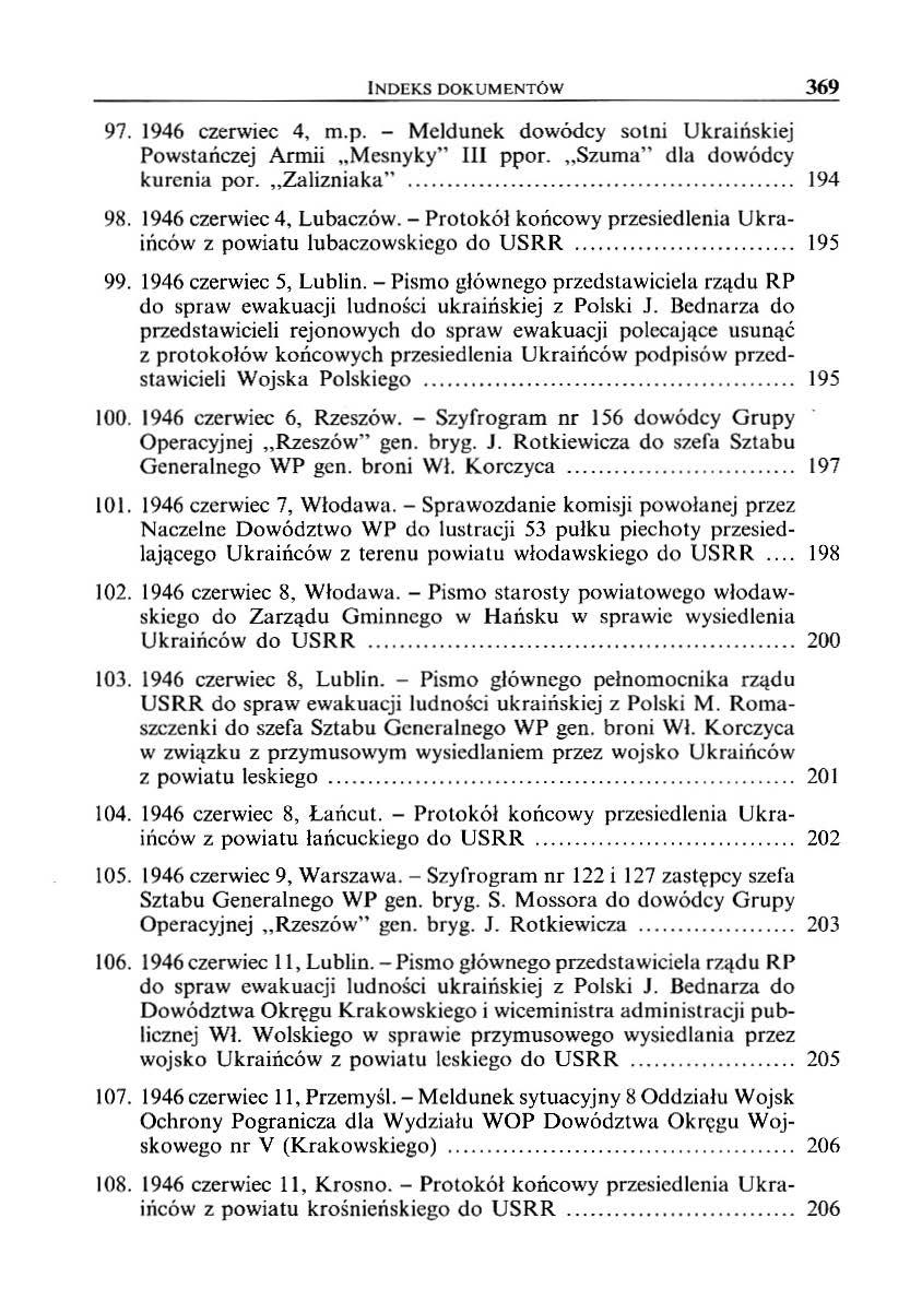 INDEKS DOKUMENTÓW 369 97. 1946 czerwiec 4, m.p. - Meldunek dowódcy sotni Ukraińskiej Powstańczej Armii,.Mesnyky" III ppor.,,szuma" dla dowódcy kurenia por. "Zalizniaka"................................................. 194 98.