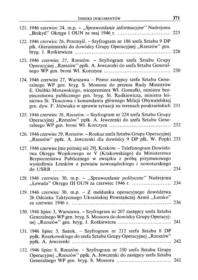 INDEKS DOKUMENTÓW 371 121. 1946 czerwiec 24, m.p. -"Sprawozdanie informacyjne" Nadrejonu "Beskyd" Okręgu I OUN za maj 1946. r... 225 122. 1946 czerwiec 26, Przemyśl.
