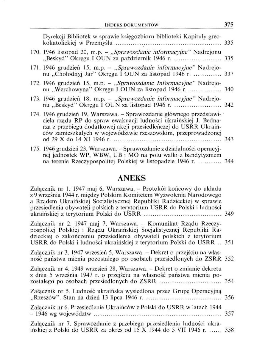 INDEKS DOKUMENTÓW 375 Dyrekcji Bibliotek w sprawie księgozbio r u biblioteki Kapituły greckokatolickiej w Pr:r.cmyślu........ :........ 335 170. 1946 listopad 20, m.p. -.