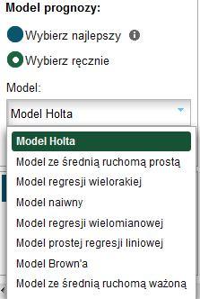 Rysunek 43 Modele prognozy Jeżeli użytkownik zdecyduje się na model, który umożliwia podanie parametrów, to pojawi się opcja Parametry modelu.