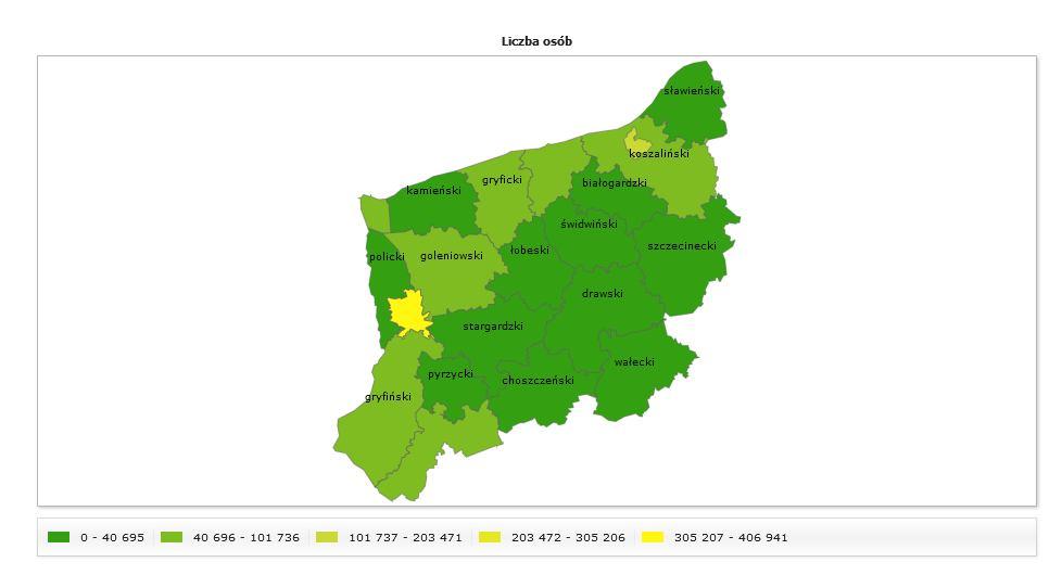 Rysunek 69 Prezentacja wskaźnika na mapie Prezentacja wybrany dwóch wskaźników na mapie System pozwala użytkownikowi prezentować dwa wybrane wskaźniki na mapie.