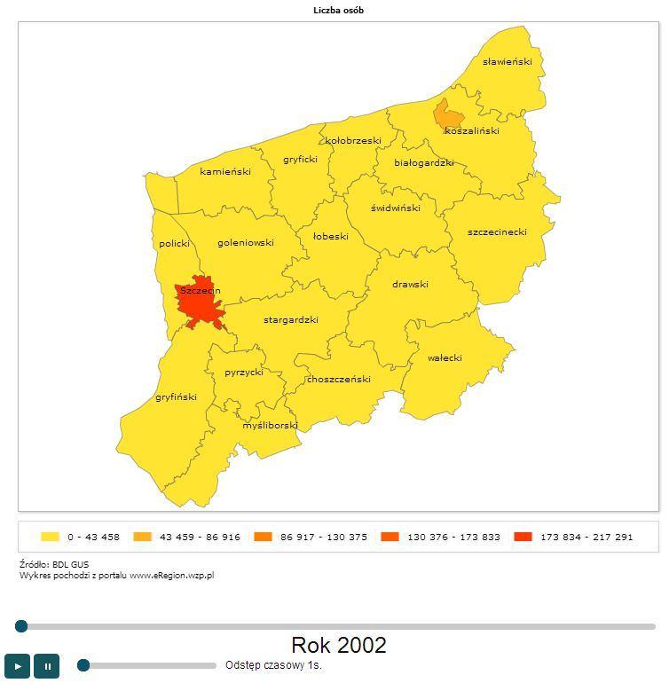 Rysunek 71 Prezentacja wskaźnika na mapie z funkcją linii czasu 5.6 Zaznaczanie wybranej jednostki terytorialnej na mapie System pozwala użytkownikowi wyróżniać jednostki terytorialne na mapie.