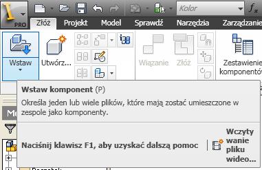 1. Wstawienie pierwszego elementu prowadnicy Z lewego menu (Panel Komponent) wybieramy Wstaw komponent, rys. 8. Rys. 8. W oknie wybieramy rysunek prowadnica.ipt, rys. 9.