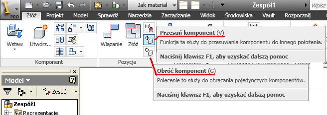 Aby manipulować pojedynczym wstawionym komponentem naleŝy go kliknąć, a następnie wybrać z menu (Panel Pozycja) ikonę Przesuń komponent lub Obróć komponent, rys.10.