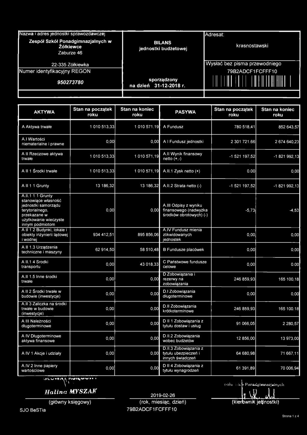 Wysłać bez pisma przewodniego 79B2ADCF1FCFFF10 AKTYWA Stan na początek roku Stan na koniec roku PASYWA Stan na początek roku Stan na koniec roku A Aktywa trwałe 1 010 513,33 1 010571.