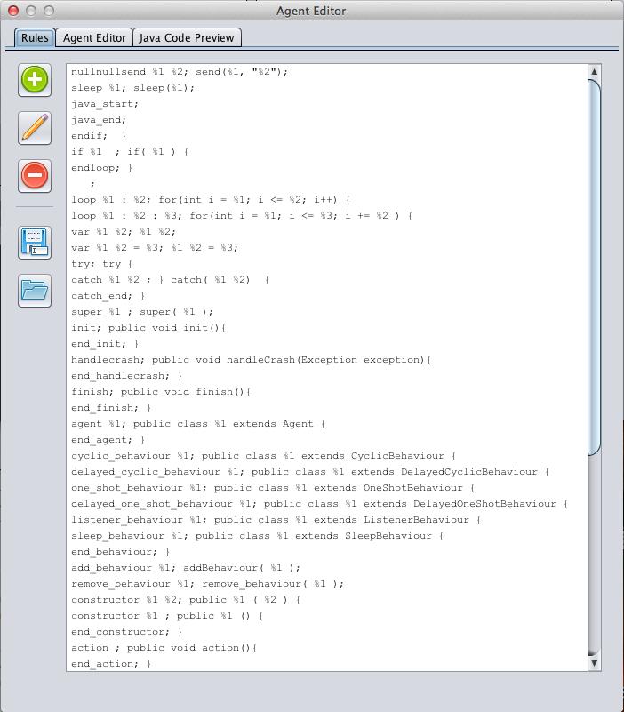 Rysunek : Reguły parsera Nowo wyświetlone okno, ma 3 zakładki: Rules Agent Editor Java Code Preview W karcie Rules znajdują się reguły parsera, który służy do konwersji pseudokodu agenta do kodu w