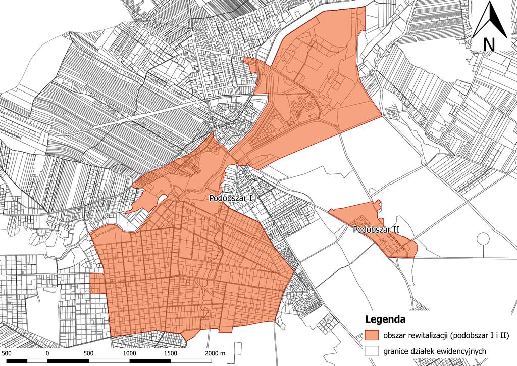 Mapa 3 Podobszar I i podobszar II rewitalizacji na tle działek ewidencyjnych w Gminie