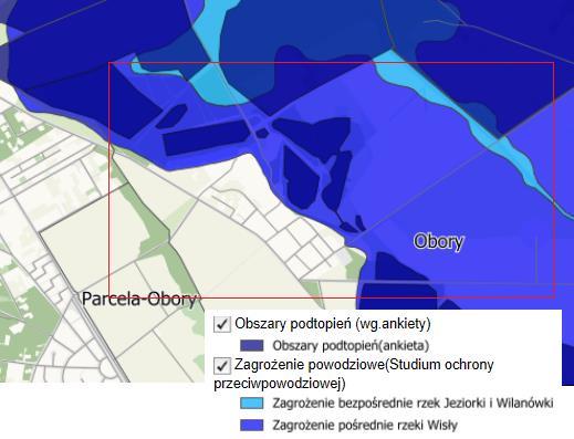 Podobszar II rewitalizacji położony jest na obszarach zagrożenia powodziowego, które występuje zarówno bezpośrednio (rzeki Jeziorka i Wilanówka), jak i pośrednio (rzeka Wisła) (mapa 11).