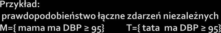 Przykład: M)=0.1 T)=0.2 nie M 95 M Ω mama nie T (nie M, nie T) (M, nie T) 95 T (nie M, T) (M, T) M, T ) M )* T ) 0.02 ~ M, T ) ~ M )* T ) 0.