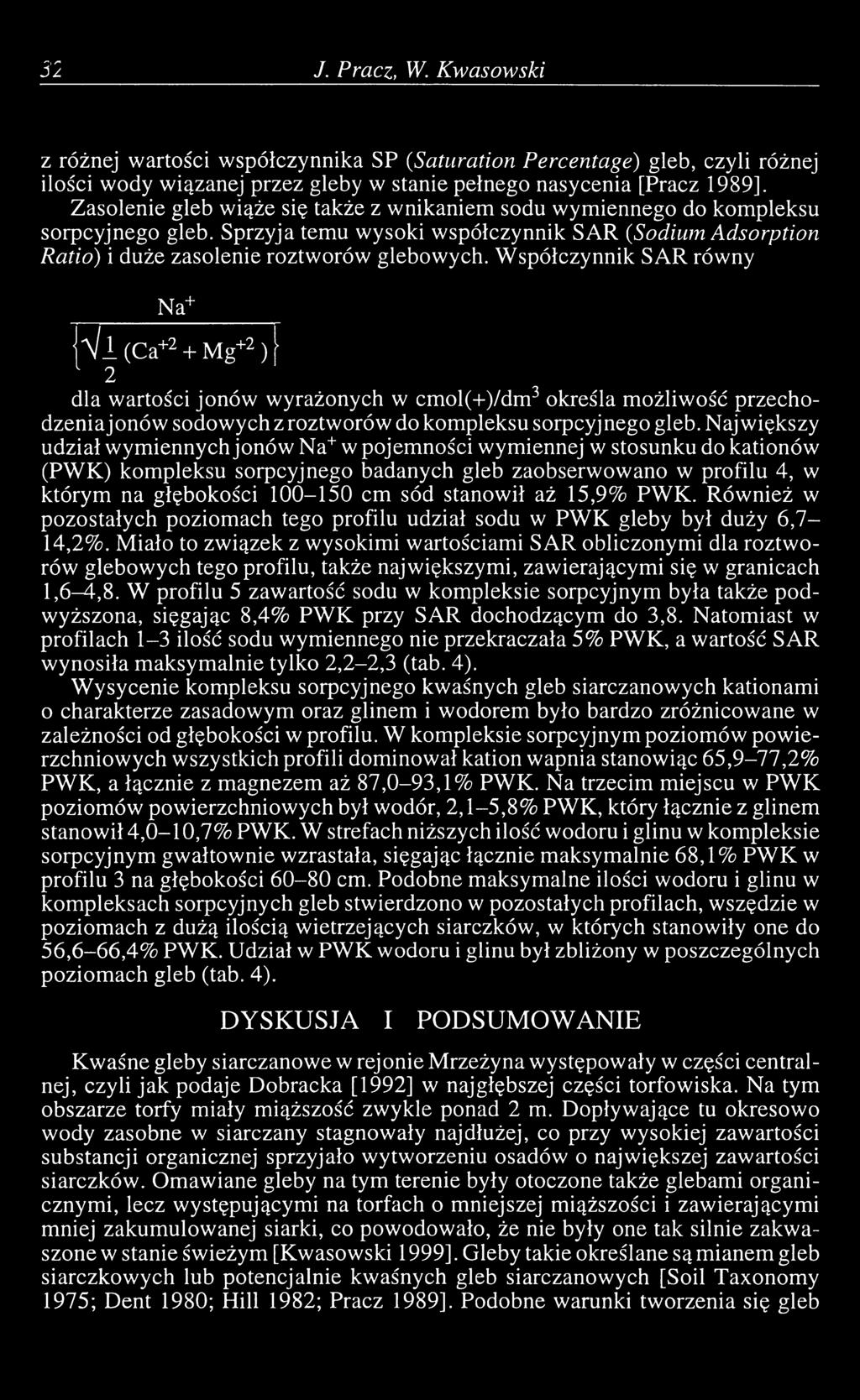 Współczynnik SAR równy N a+ W i (Ca+2 + Mg+2 ) [ 1 2 dla wartości jonów wyrażonych w cmol(+)/dm3 określa możliwość przechodzeniajonów sodowych z roztworów do kompleksu sorpcyjnego gleb.