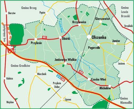 8 Mapa Gminy Olszanka Lasy oraz zadrzewienia i zakrzaczenia na terenie Gminy stanowią 6,63% jej obszaru. W porównaniu ze wskaźnikiem lesistości województwa, jest to obszar bardzo mały.