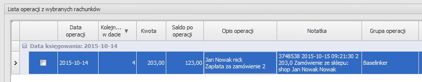 Zarejestrowanie informacji o wpłacie dla zamówień do których znaleziono pasujący przelew. Tzn.