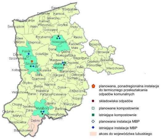 Rysunek 31. Lokalizacja instalacji do przetwarzania odpadów komunalnych funkcjonujących w ramach Regionu Zachodniego.