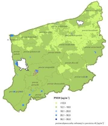 Rysunek 7. Rozkład stężeń średniorocznych w strefie zachodniopomorskiej pył PM2,5.