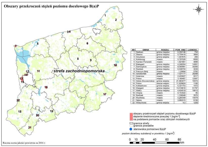 Rysunek 9. Obszary przekroczeń dopuszczalnych stężeń średniorocznych dla benzo(a)pirenu ze względu na ochronę zdrowia w województwie zachodniopomorskim w roku 2016.