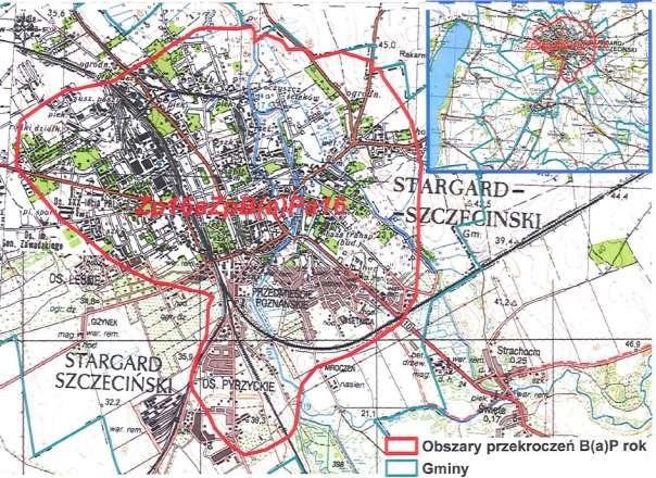 Rysunek 10. Obszar przekroczeń dopuszczalnego poziomu benzo(a)pirenu w obrębie Gminy Miasto na podstawie oceny jakości powietrza dokonanej przez WIOŚ w Szczecinie dla 2016 roku.