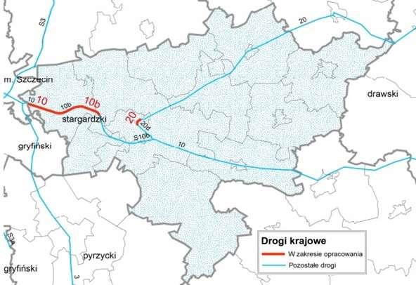 Rysunek 11. Wykaz odcinków dróg krajowych na terenie powiatu stargardzkiego dla których sporządzono mapy akustyczne.