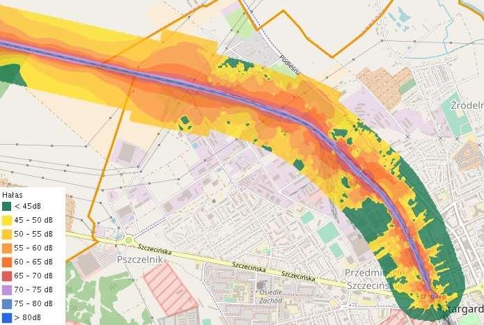 Rysunek 16. Mapa akustyczna linii kolejowej nr 351 na terenie Gminy Miasto z uwzględnieniem wskaźnika LDWN. Źródło: http://geoserwis.gdos.gov.pl, PKP S.A.