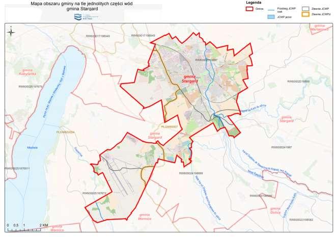 *dla JCW jeziornych, przejściowych, przybrzeżnych, dla których nie wyznaczono zlewni, wskazano powierzchnię JCW Poniżej przedstawiono w formie graficznej układ sieci hydrologicznej na terenie Gminy